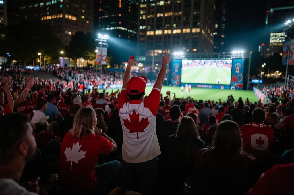 加拿大世界杯球迷在城市广场观看比赛的热闹场景